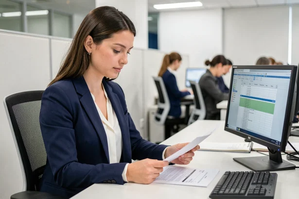 Jeune femme fonctionnaire de catégorie C examinant des documents administratifs dans un bureau moderne