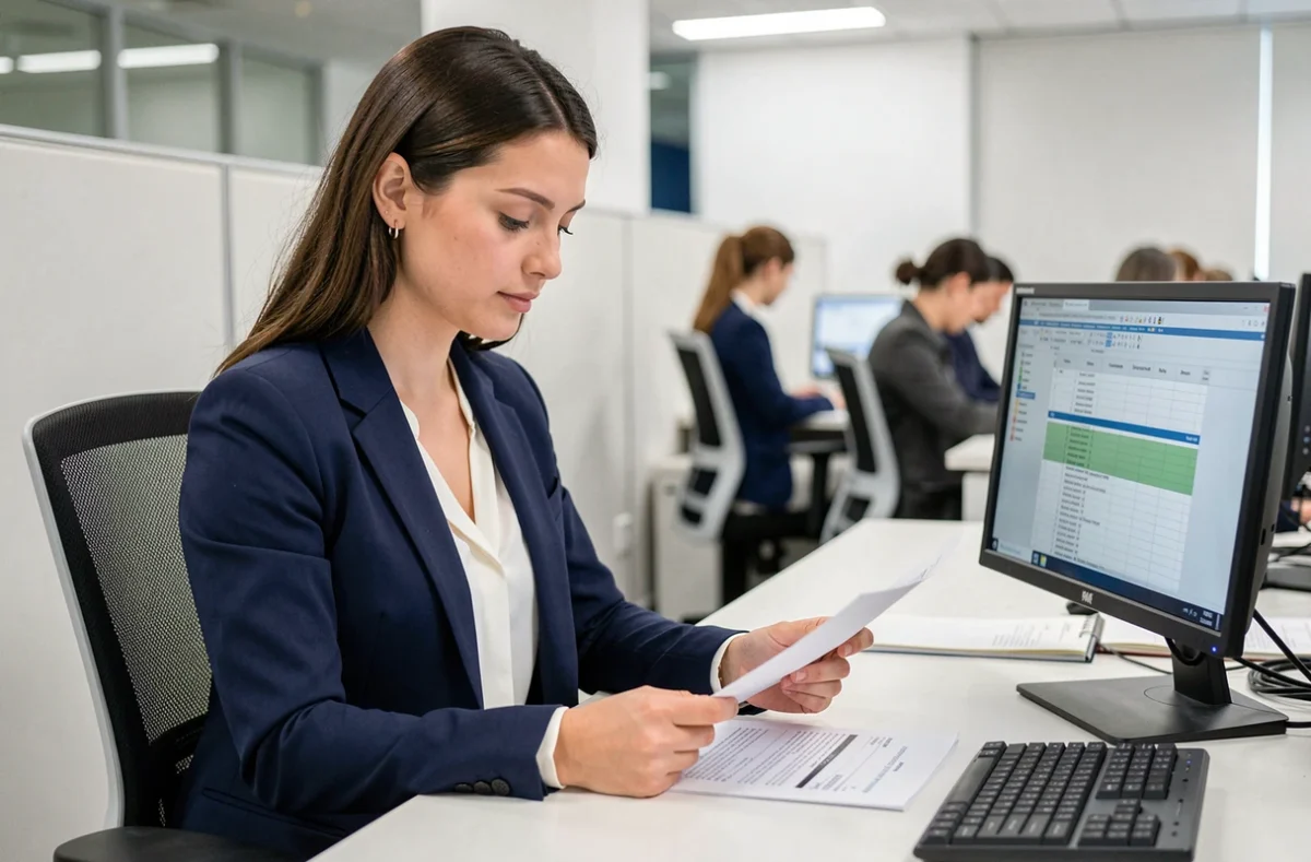 Jeune femme fonctionnaire de catégorie C examinant des documents administratifs dans un bureau moderne