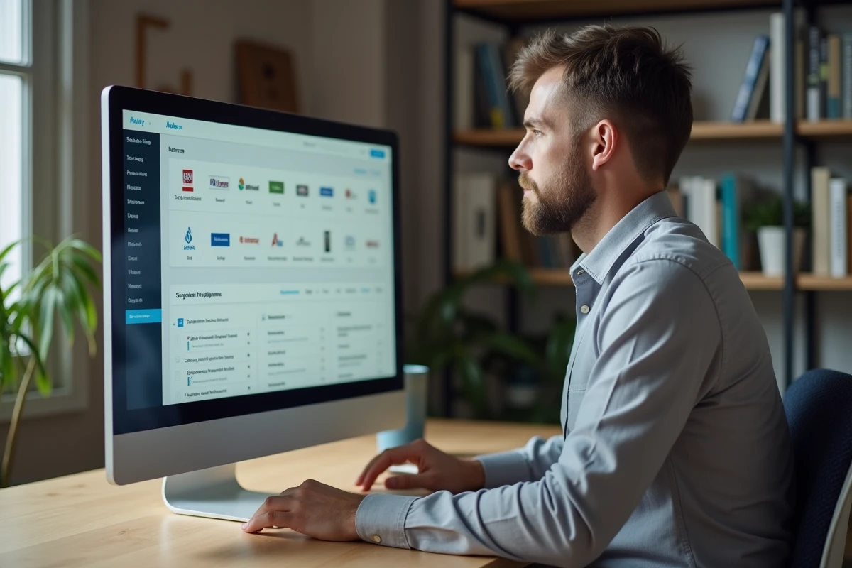 Un fournisseur B2B consultant un annuaire d'entreprises en ligne sur son ordinateur de bureau pour capter de nouveaux clients
