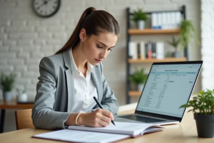 Freelance calculant son TJM sur un bureau avec un ordinateur et un carnet de notes manuscrites