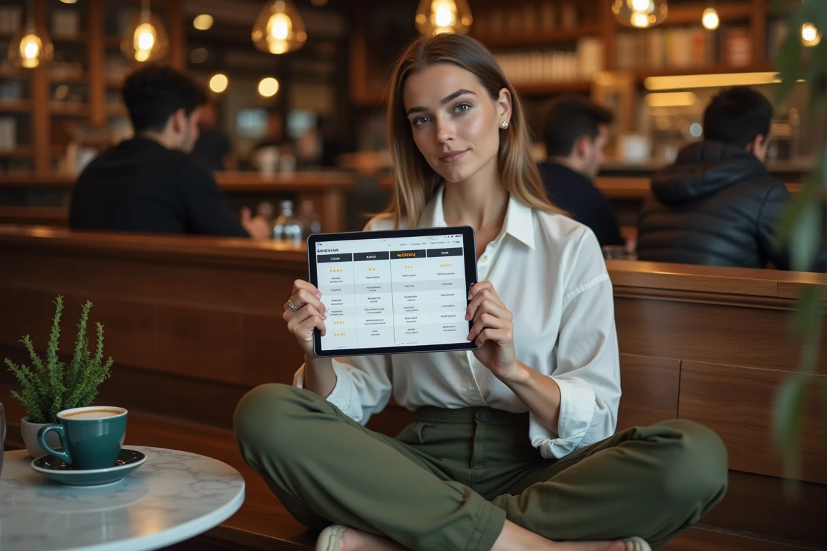 Jeune freelance comparant des plateformes de missions sur une tablette dans un café