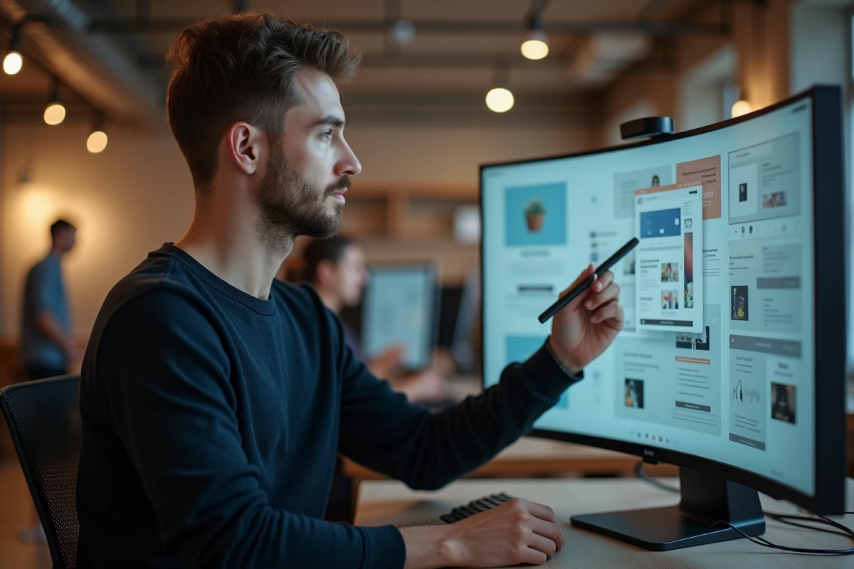 Freelance masculin travaillant sur des maquettes graphiques dans un espace de coworking moderne