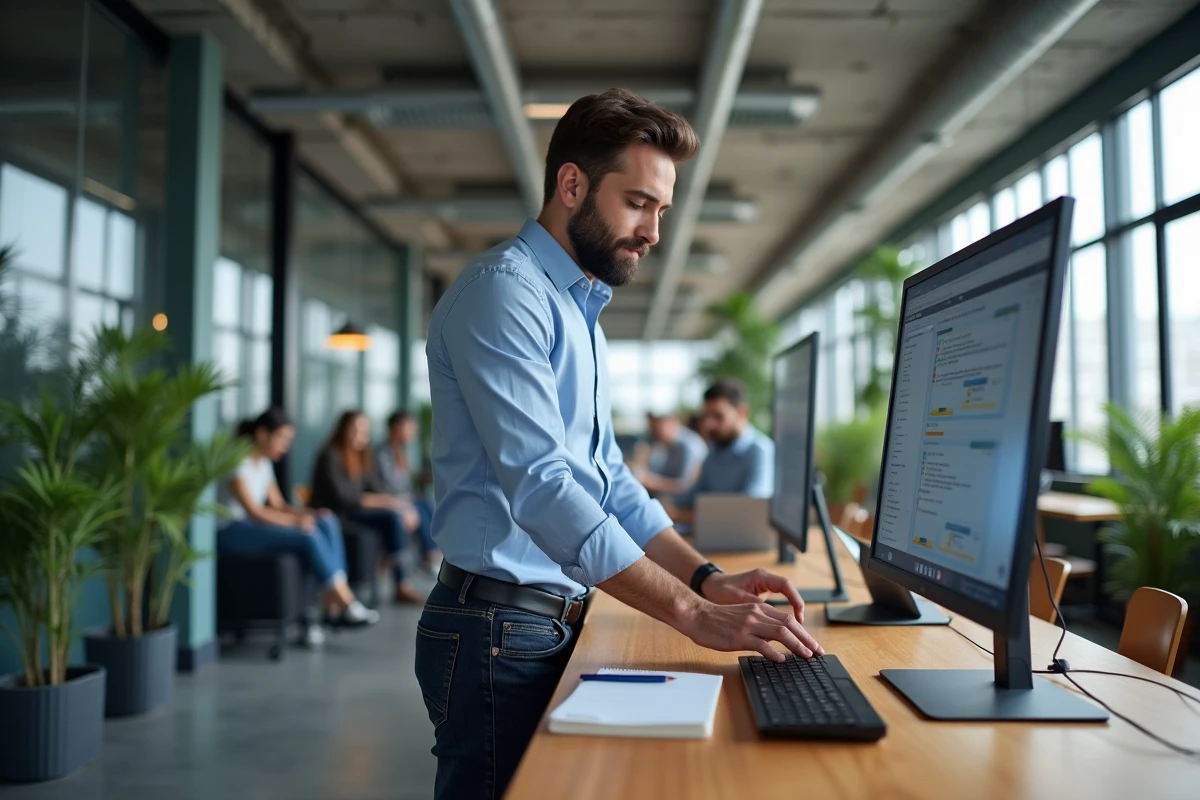Freelance masculin naviguant sur une plateforme de missions dans un espace de coworking