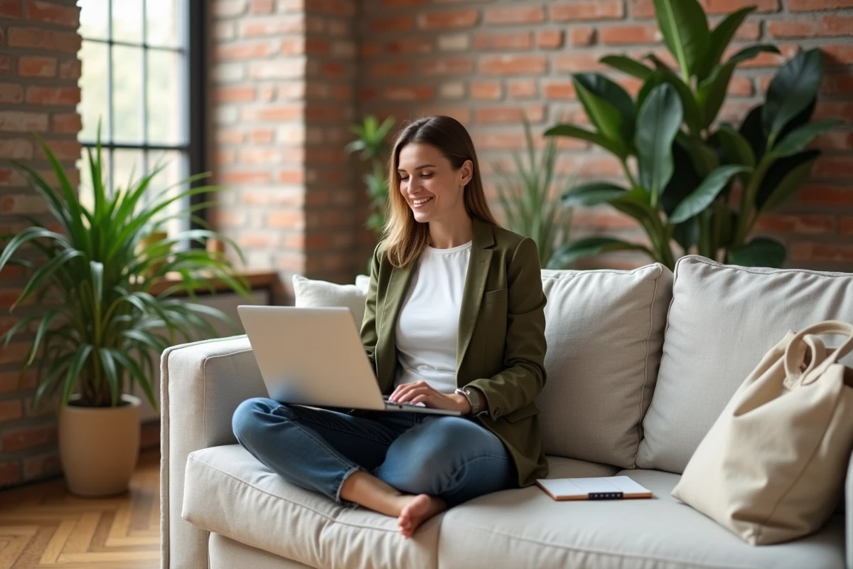 Femme freelance travaillant depuis son salon aménagé en espace de travail, représentant les professions indépendantes lucratives à domicile