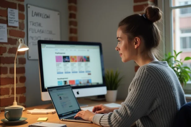 Freelance assise à son bureau travaillant sur une plateforme de missions en ligne
