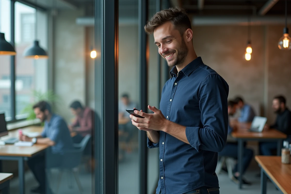 Jeune freelance en prospection téléphonique dans un espace de coworking moderne