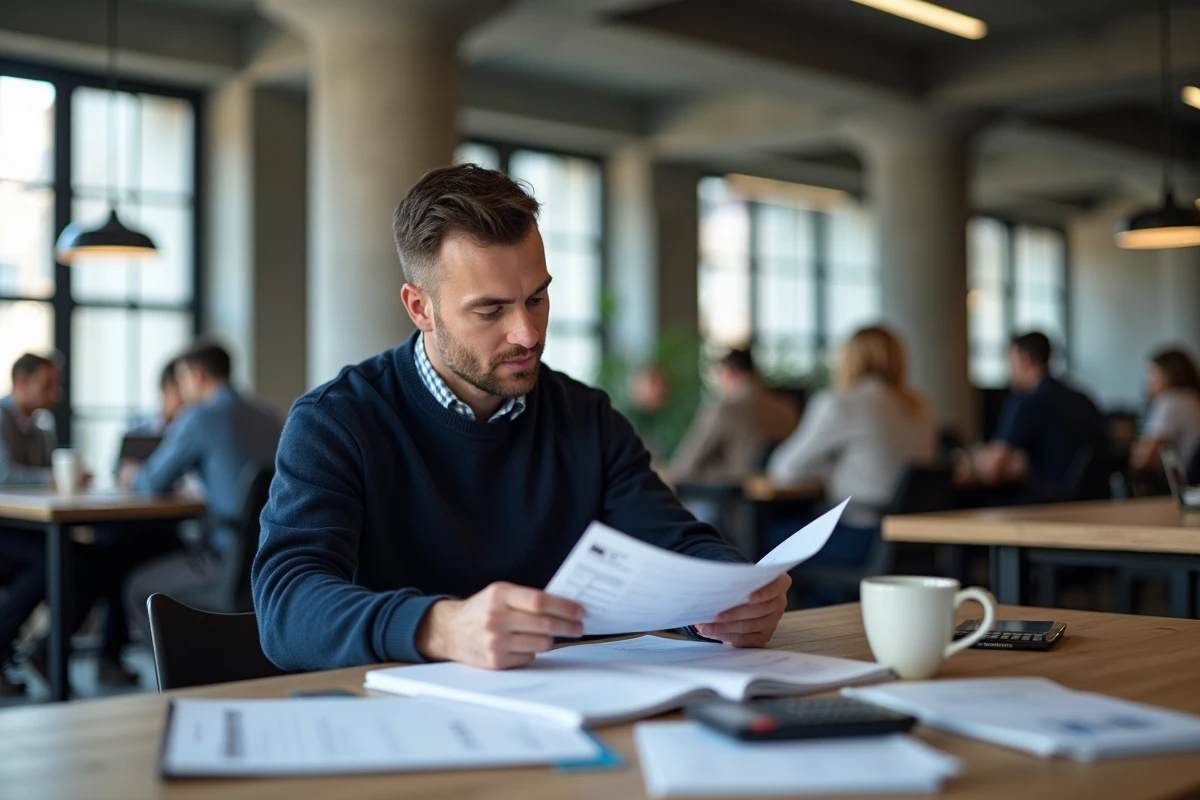 Freelance analysant ses tarifs journaliers dans un espace de coworking avec des documents imprimés
