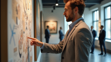 Marchand d'art élégant examinant une grande peinture dans une galerie lumineuse