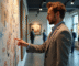Marchand d'art élégant examinant une grande peinture dans une galerie lumineuse
