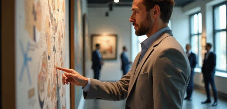Marchand d'art élégant examinant une grande peinture dans une galerie lumineuse