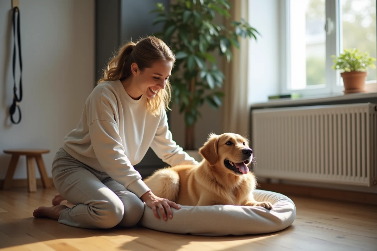 Femme faisant du pet-sitting à domicile en s'occupant chaleureusement d'un golden retriever dans son appartement