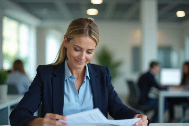 Femme cadre en entreprise consultant des fiches de paie et documents salariaux sur son bureau