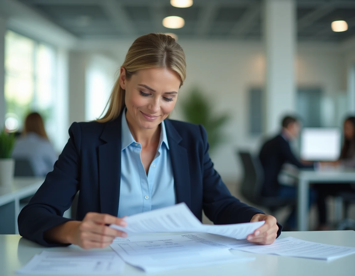 Femme cadre en entreprise consultant des fiches de paie et documents salariaux sur son bureau