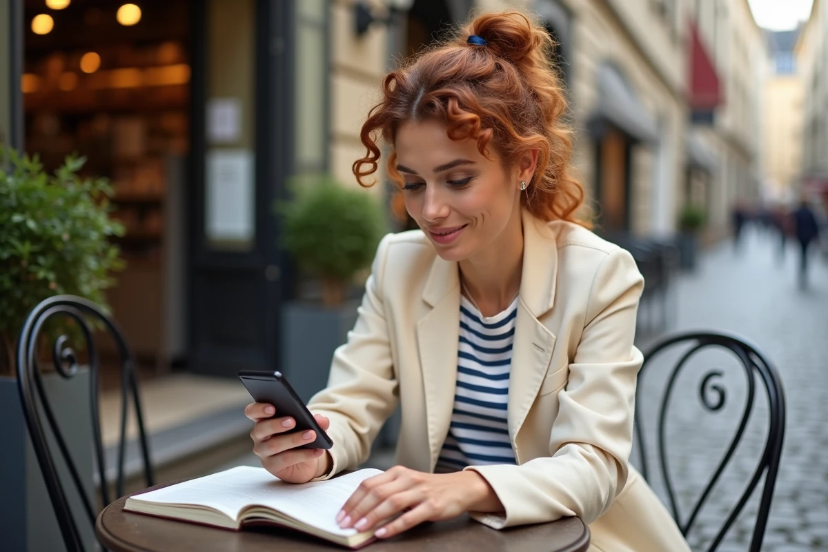 Jeune femme auto-entrepreneur gérant sa micro-entreprise depuis une terrasse de café en ville