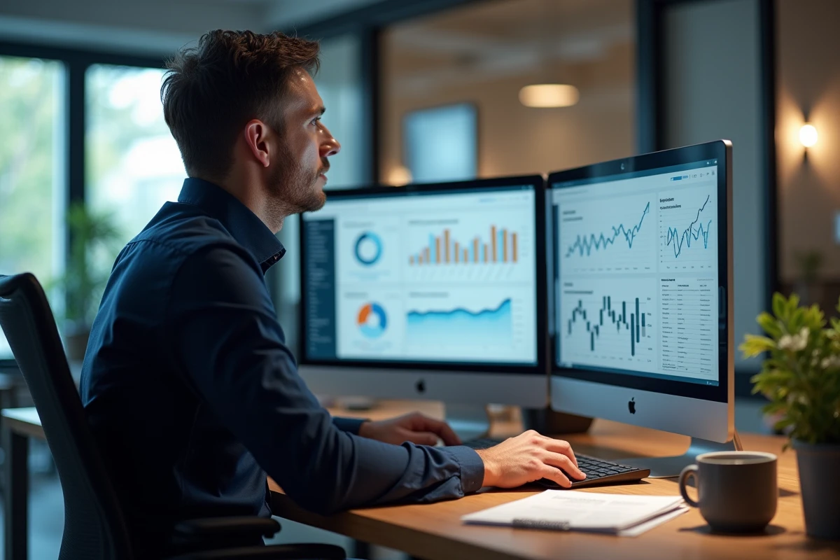 Professionnel en stratégie digitale travaillant sur un portefeuille de noms de domaine face à des écrans d'analyse