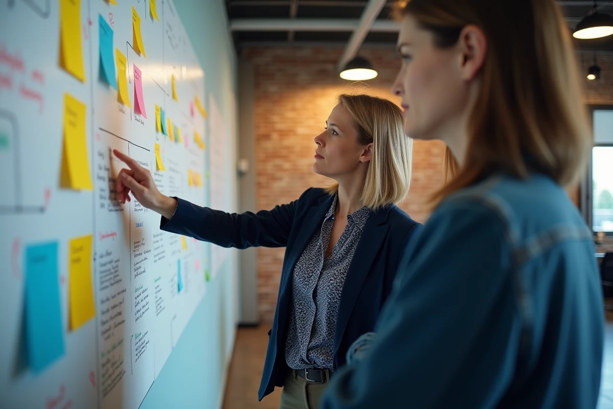 Chef de projet expliquant un jalon devant un mur d