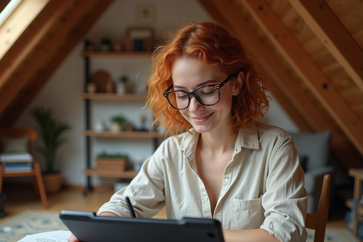 Graphiste indépendant travaillant sur tablette graphique dans un studio maison aménagé sous les combles