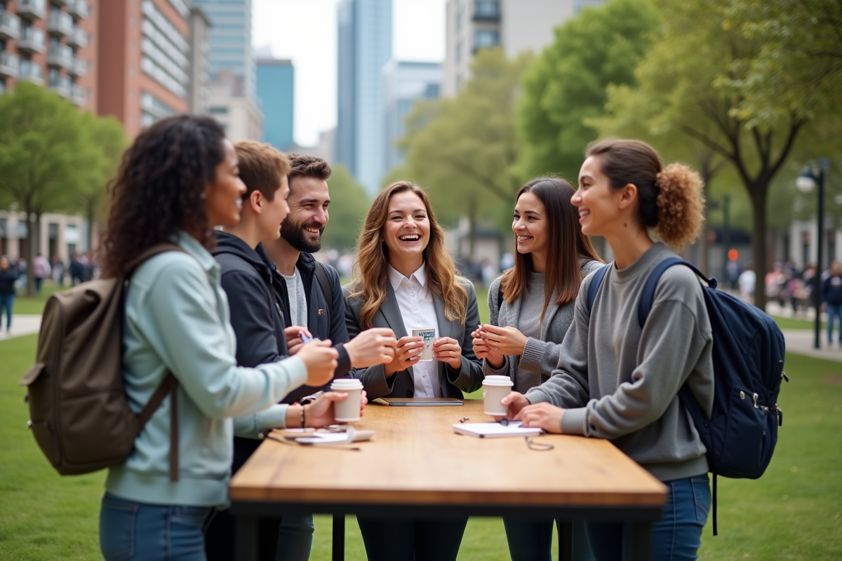 Groupe divers de jeunes avec des produits promotionnels en plein air