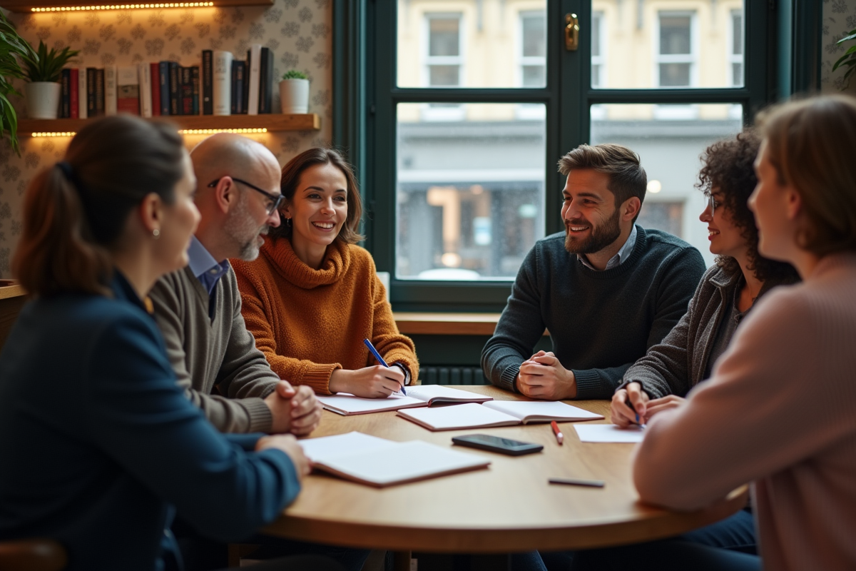 Groupe de professionnels discutant dans un cafe chaleureux