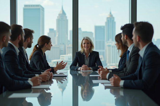 Groupe de professionnels en réunion de travail en bureau moderne