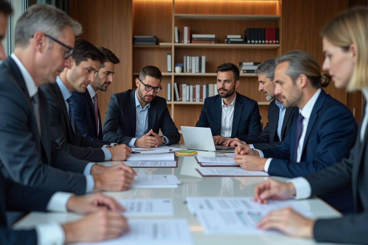 Groupe de professionnels en réunion d'affaires en salle moderne