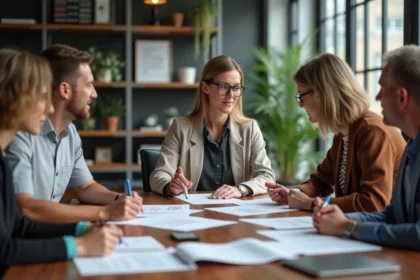 Groupe de professionnels en réunion dans un bureau moderne