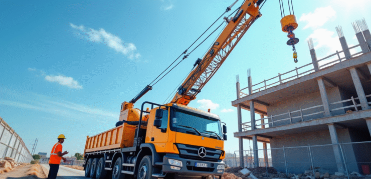 Grue de chantier en action sur un site actif en plein jour