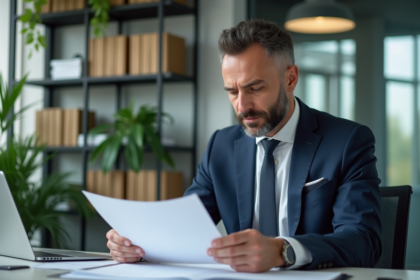 Homme d'affaires en costume examine des documents d'assurance