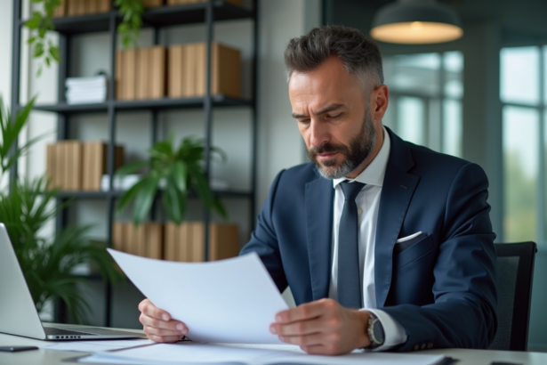 Homme d'affaires en costume examine des documents d'assurance