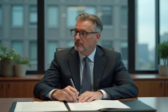 Homme d'affaires en réflexion devant un contrat au bureau