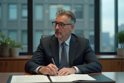 Homme d'affaires en réflexion devant un contrat au bureau