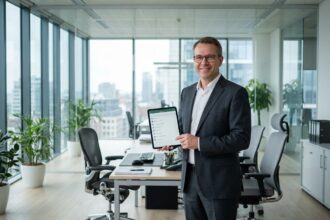 Homme d'affaires en réunion avec tablette dans un bureau moderne