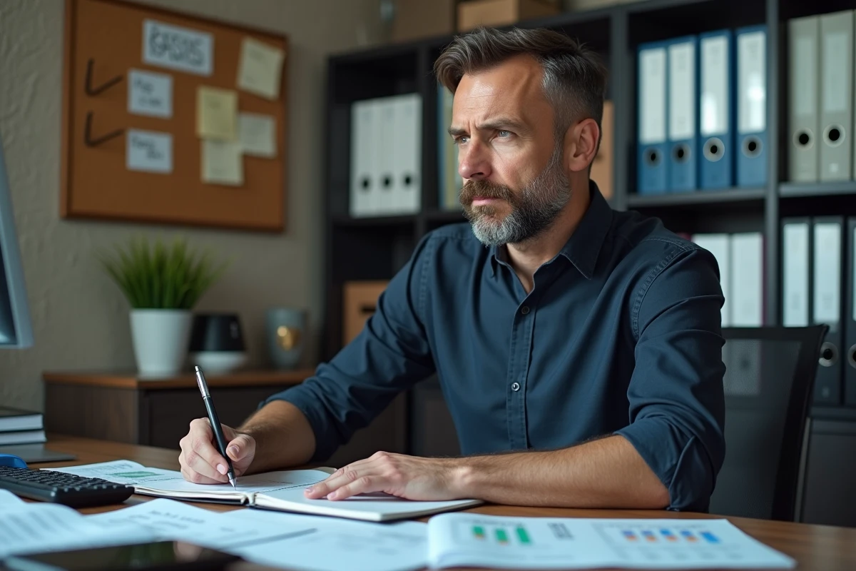 Homme analysant la rentabilité des sondages rémunérés dans son bureau à domicile avec des données financières