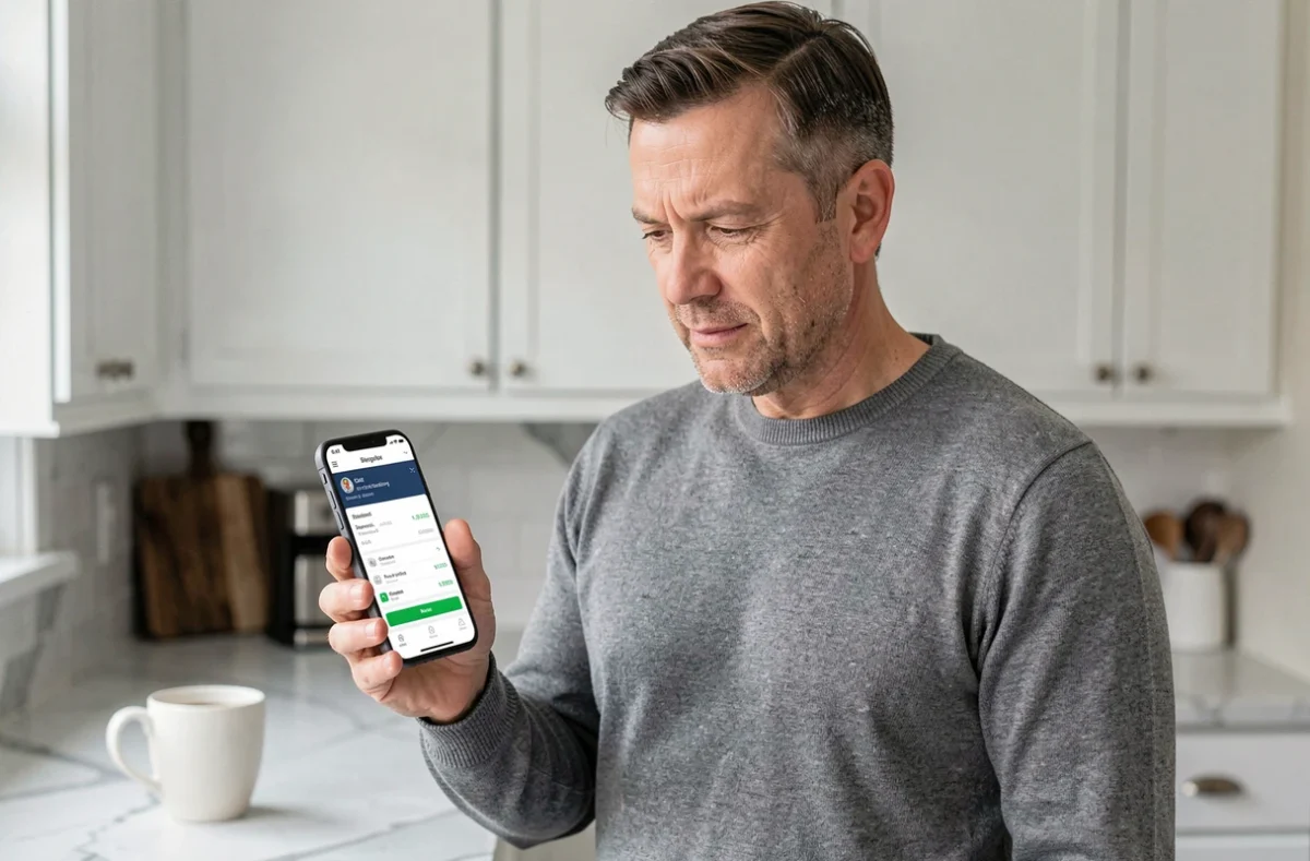 Homme consultant une application bancaire sur smartphone pour identifier un virement Infinite Remit Services