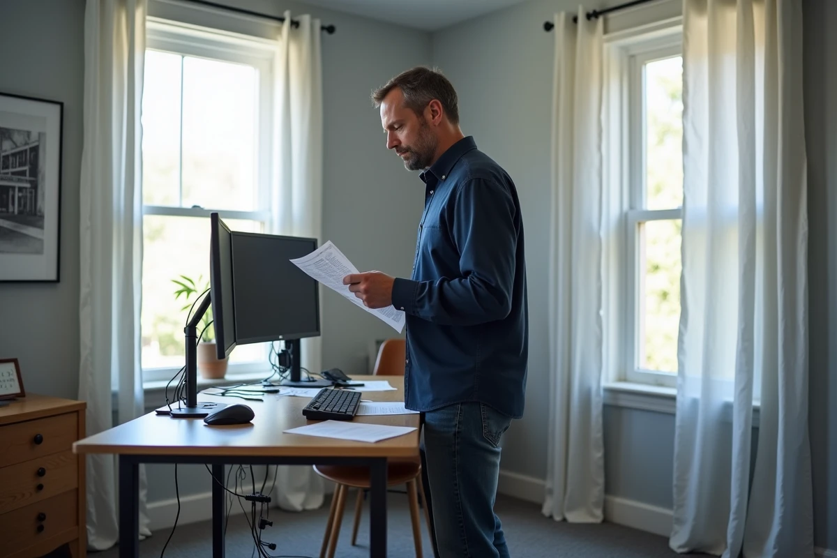 Homme debout à un bureau réglable en hauteur dans une chambre convertie en bureau de télétravail avec double écran et chaise ergonomique