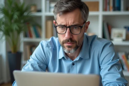 Homme d'âge moyen au bureau à domicile regardant un message d'erreur