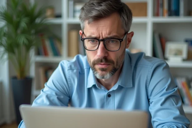 Homme d'âge moyen au bureau à domicile regardant un message d'erreur