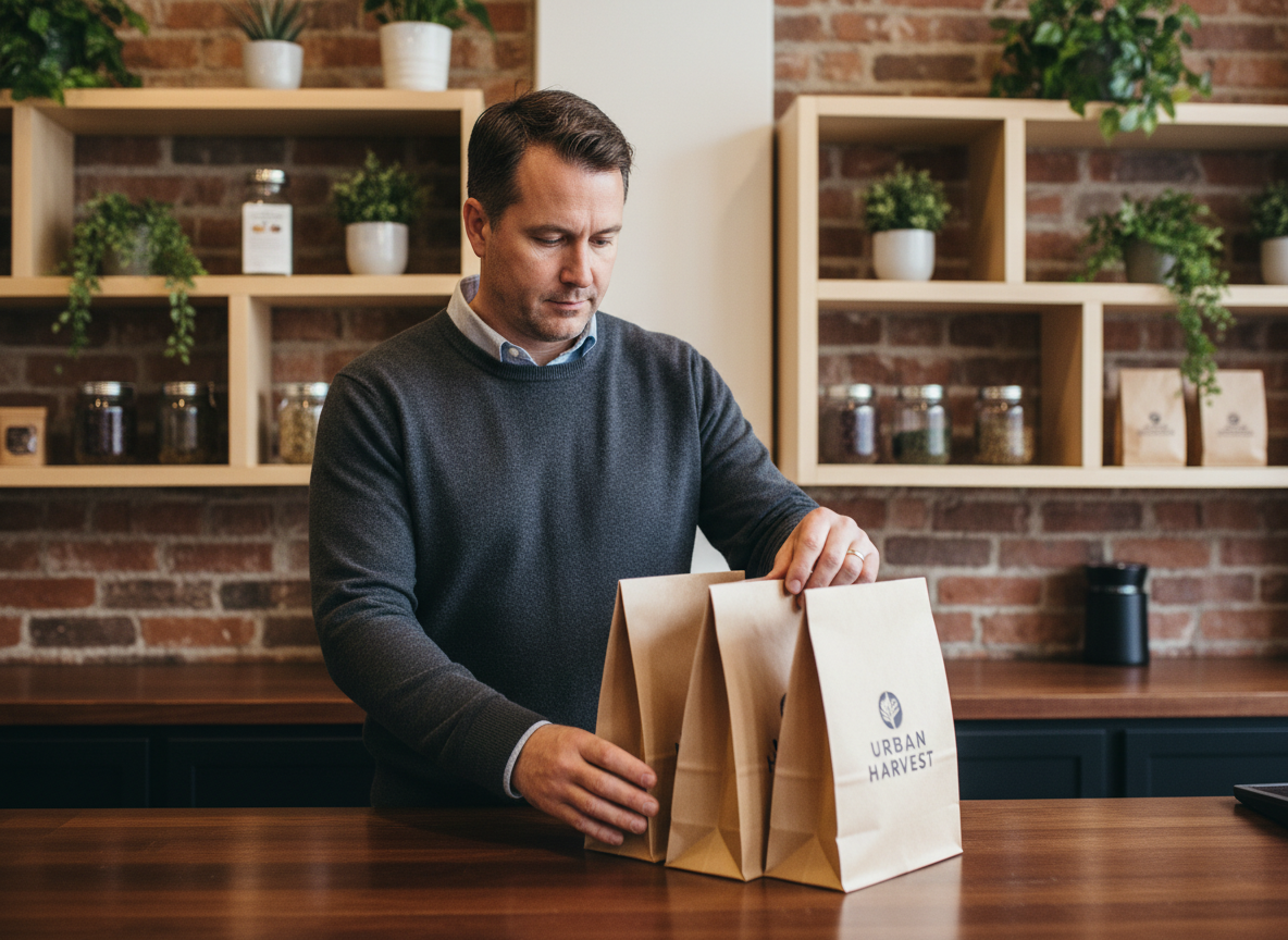 Homme dans un café posant sacs kraft sur le comptoir