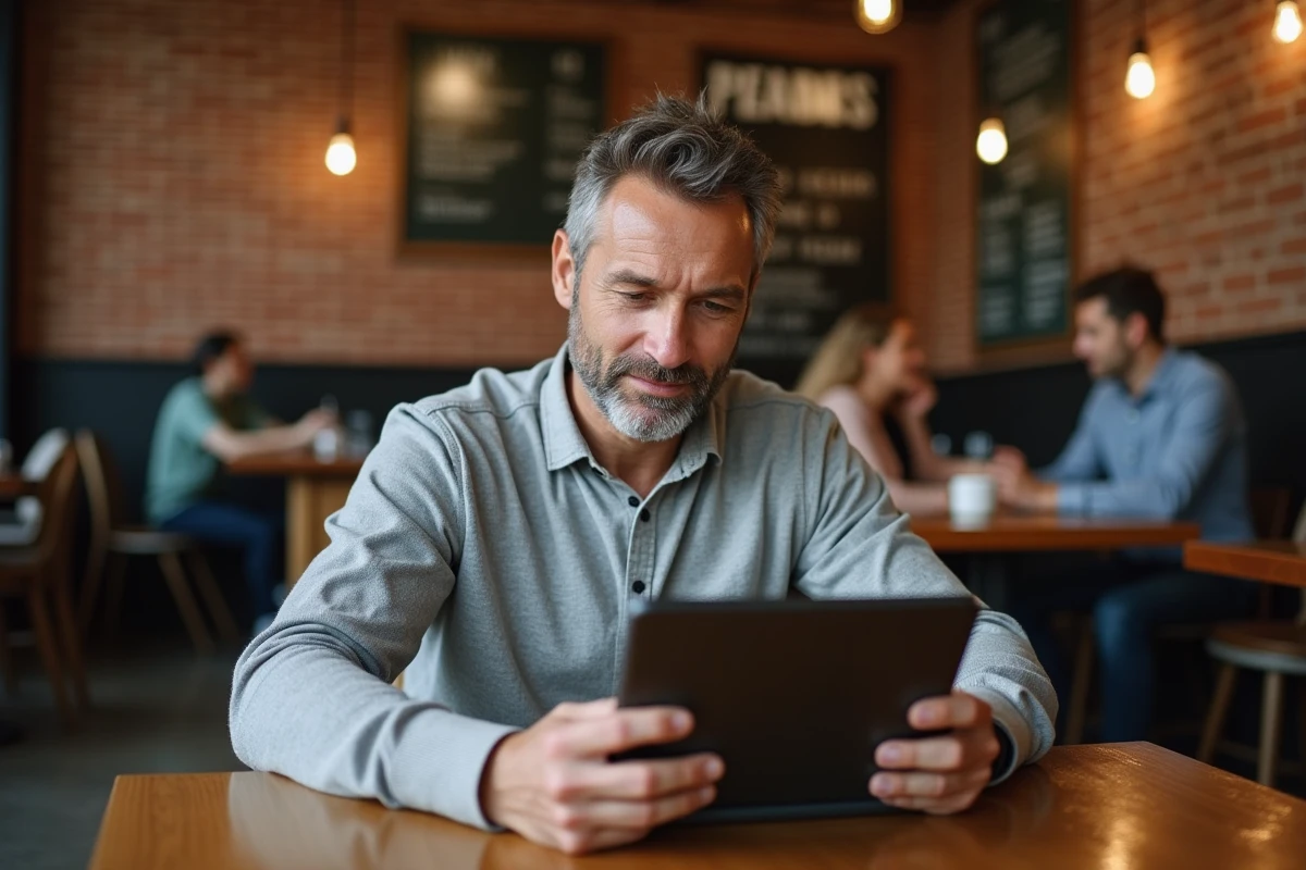 Homme consultant une tablette dans un café pour comparer les formats de contenu en ligne, blog classique versus magazine business numérique