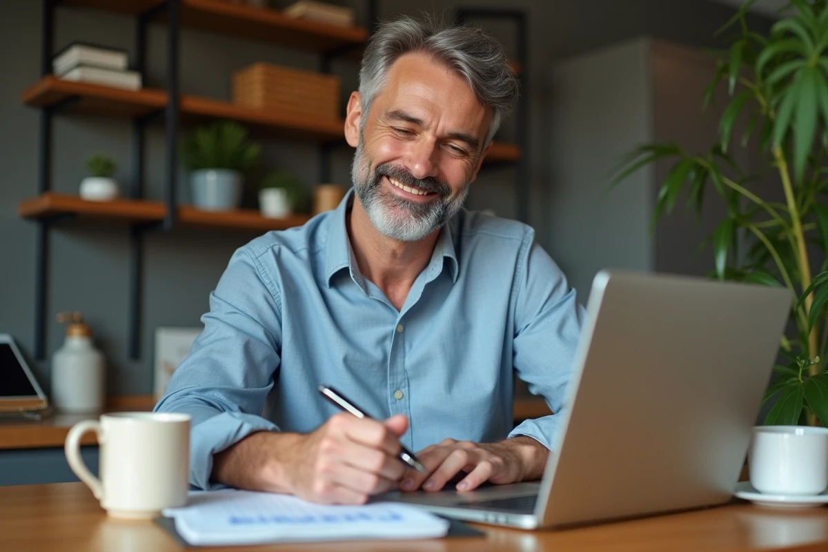 Homme calculant son salaire avec un ordinateur à la maison