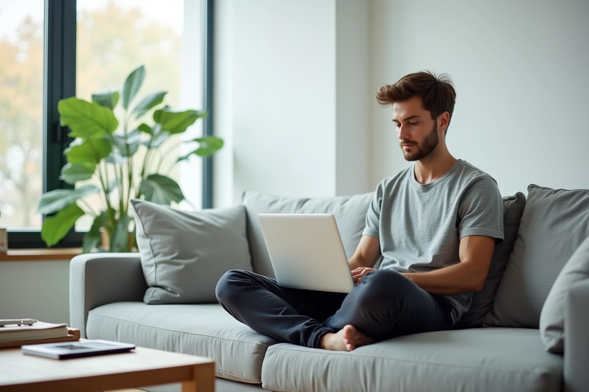Homme travaillant depuis son canapé sur internet pour générer des revenus en ligne depuis chez lui