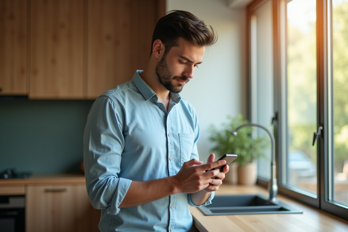 Homme décontracté vérifiant ses emails dans sa cuisine lumineuse