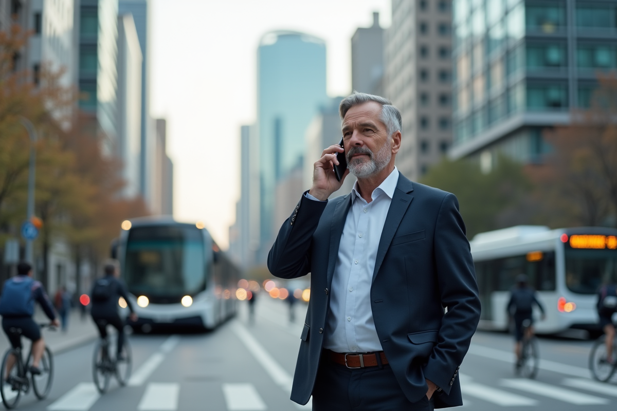Homme en visioconference dans une rue urbaine animée