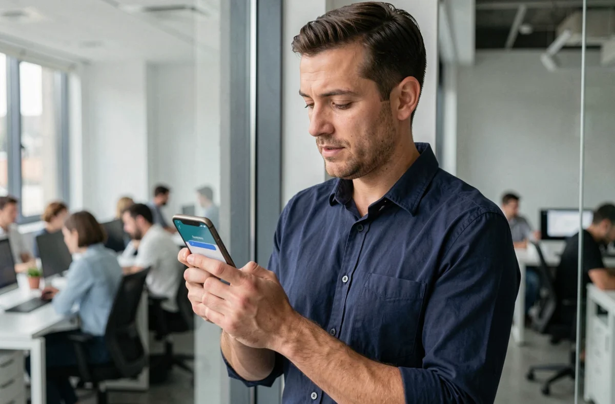 Homme consultant l'extranet de connexion Azaé sur son téléphone dans un open space professionnel