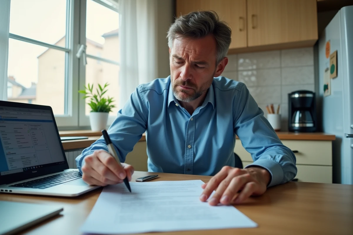 Homme lisant attentivement un contrat suspect d'emploi en saisie de données depuis chez lui