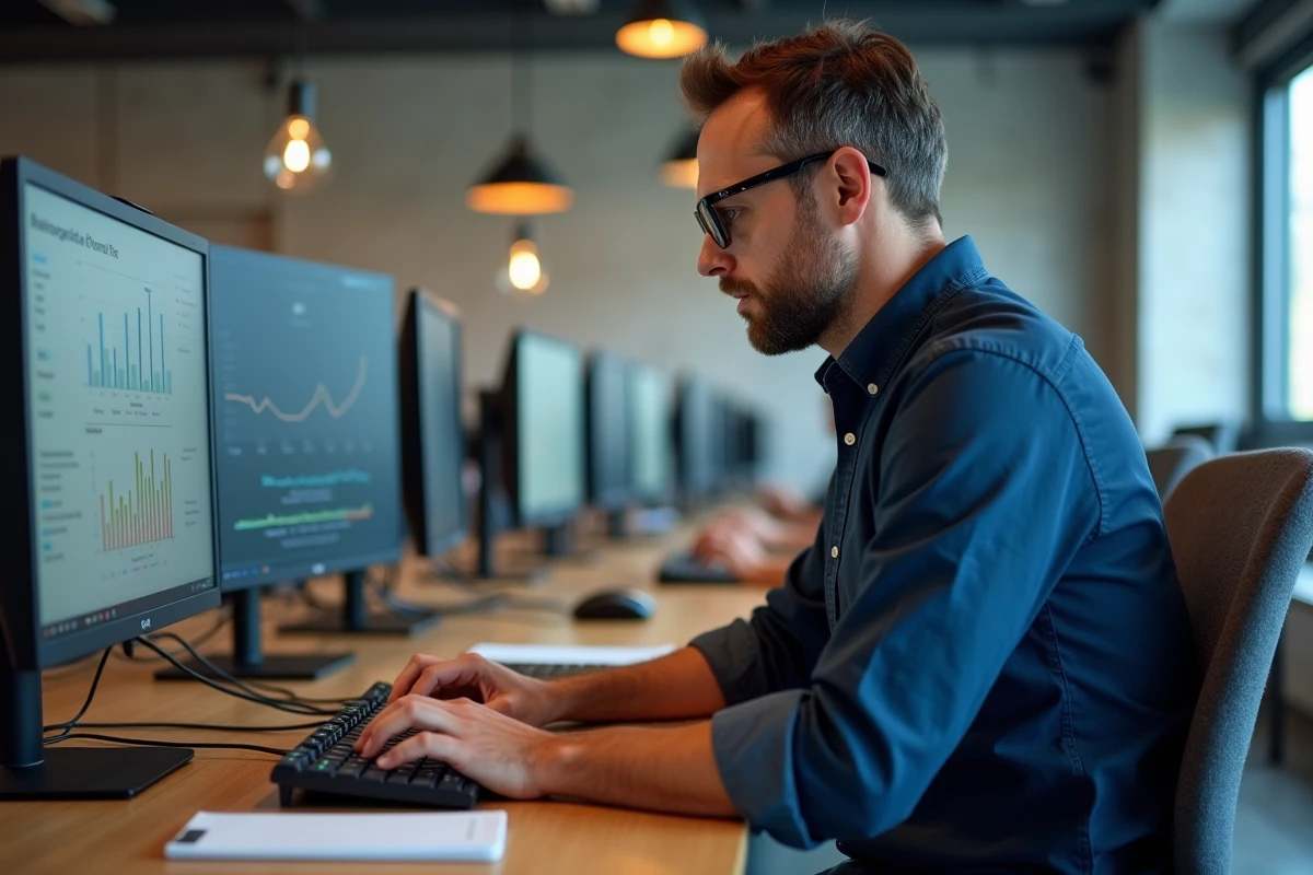 Homme en télétravail dans un espace de coworking moderne avec double écran et bureau ergonomique