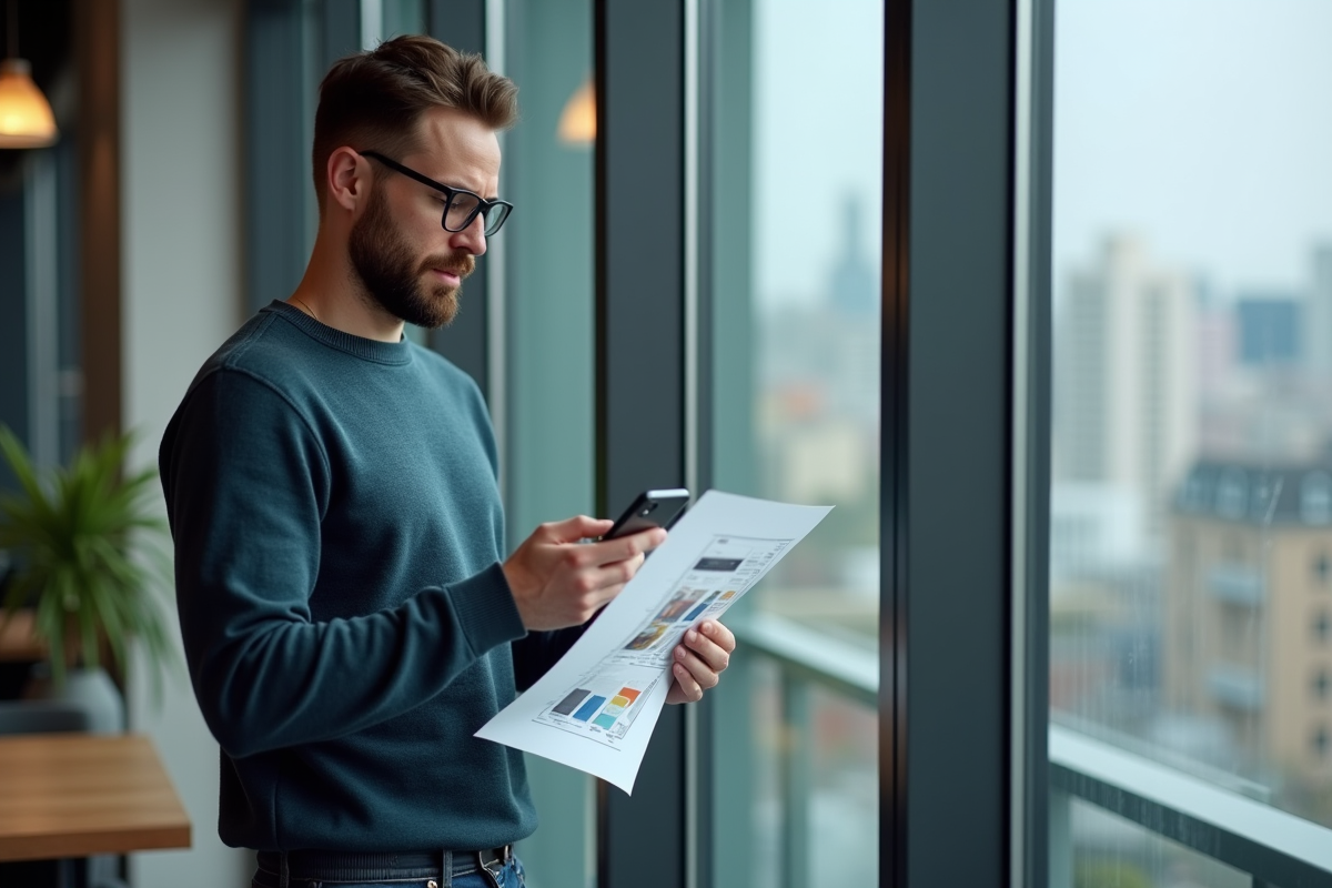 Homme en coworking comparant logo et smartphone