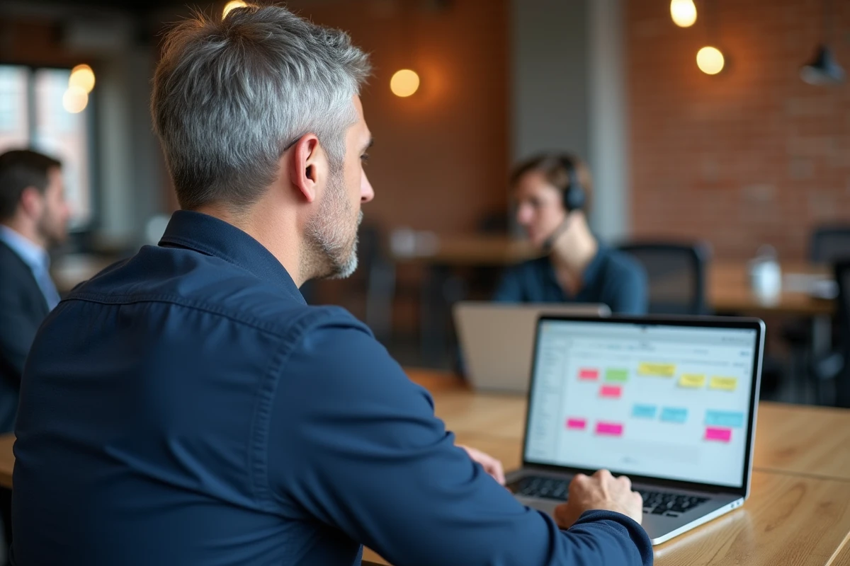 Homme utilisant un outil de gestion de projet collaboratif dans un espace de coworking avec collègues en arrière-plan