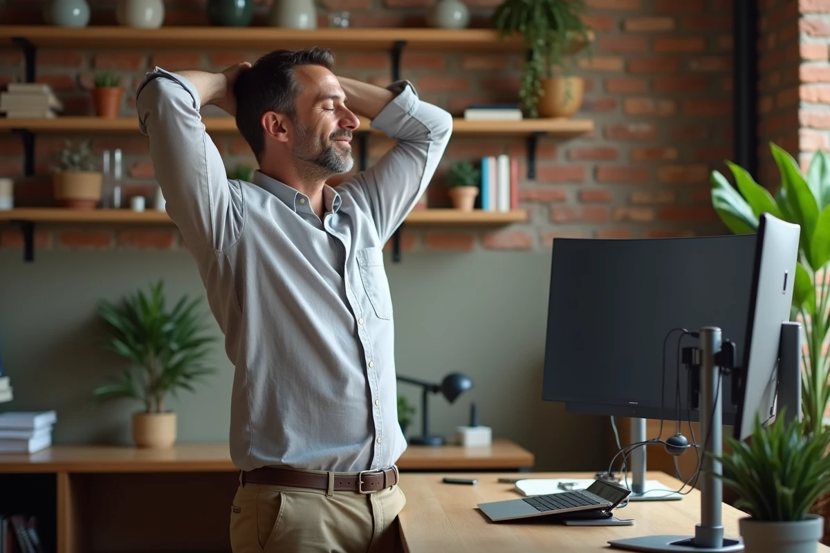 Homme faisant des étirements au bureau debout réglable dans un espace de télétravail aménagé pour l'ergonomie