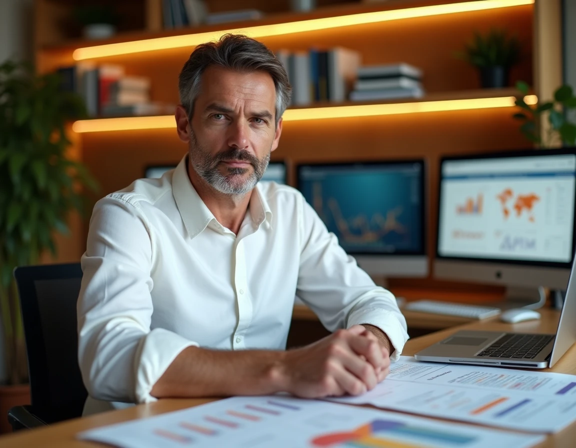 Homme d'affaires analysant un document de profil client idéal ICP et un tableau de bord CRM sur son bureau en bois dans un bureau privé